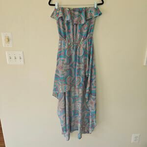 Amanda Uprichard Paisley Strapless Ruffle Faux Wrap Blue Dress Women's Size S